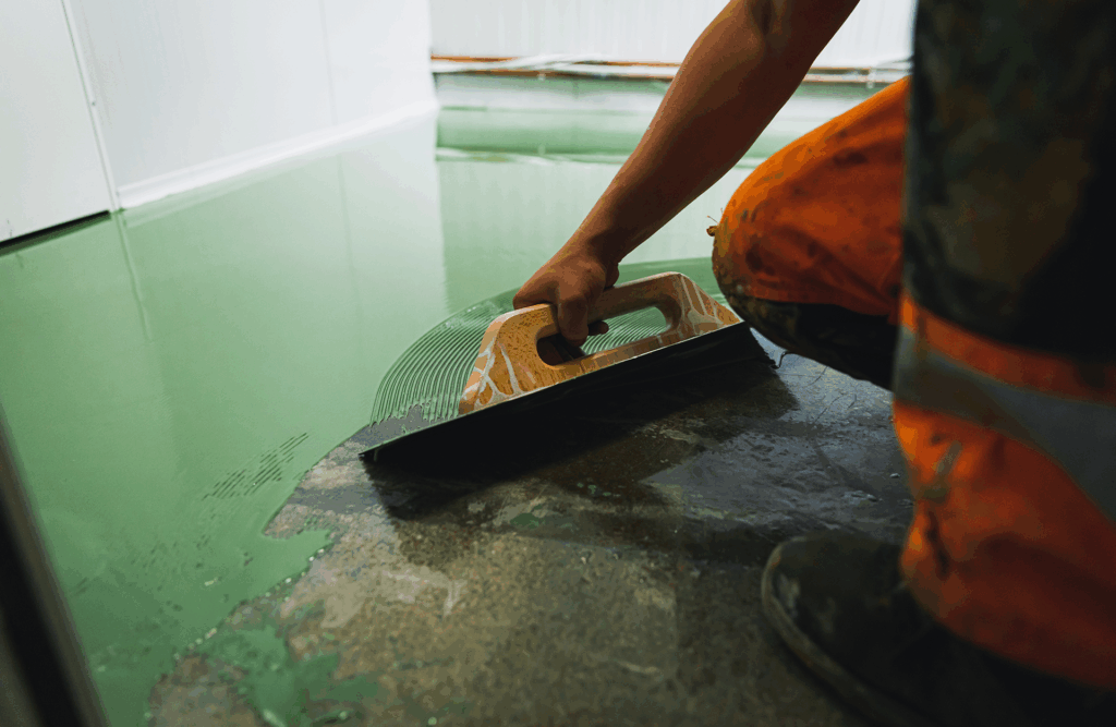 Pinturas Flores, Impermeaibilizaciones de alta calidad en Càlig. Un trabajador impermeabilizando el suelo con resina verde.