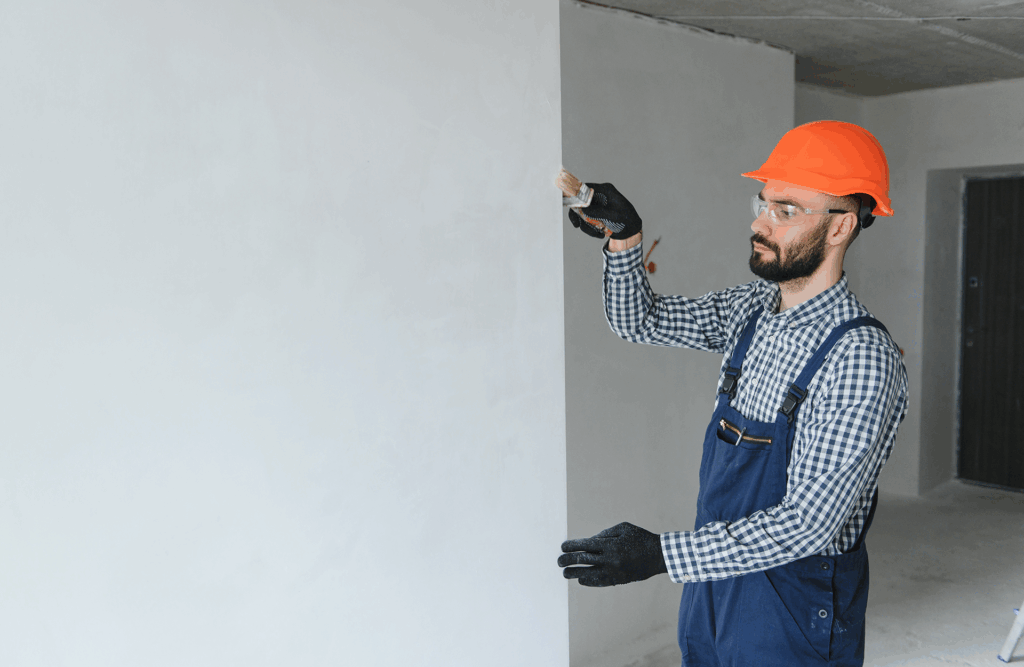 Pinturas Flores, pintores expertos de parkings y comunidades en Cervera del Maestre. Pintor repasando el borde de una pared con una brocha.