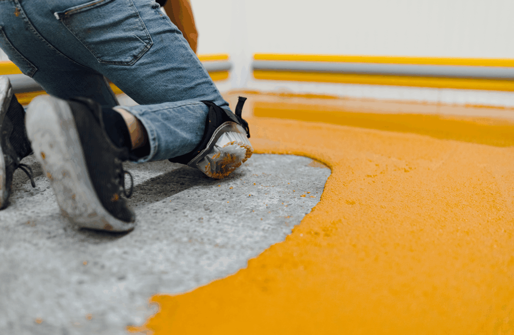 Pinturas Flores, pintores expertos de parkings y comunidades en Santa Magdalena. Persona distribuyendo la pintura amarilla en el suelo.