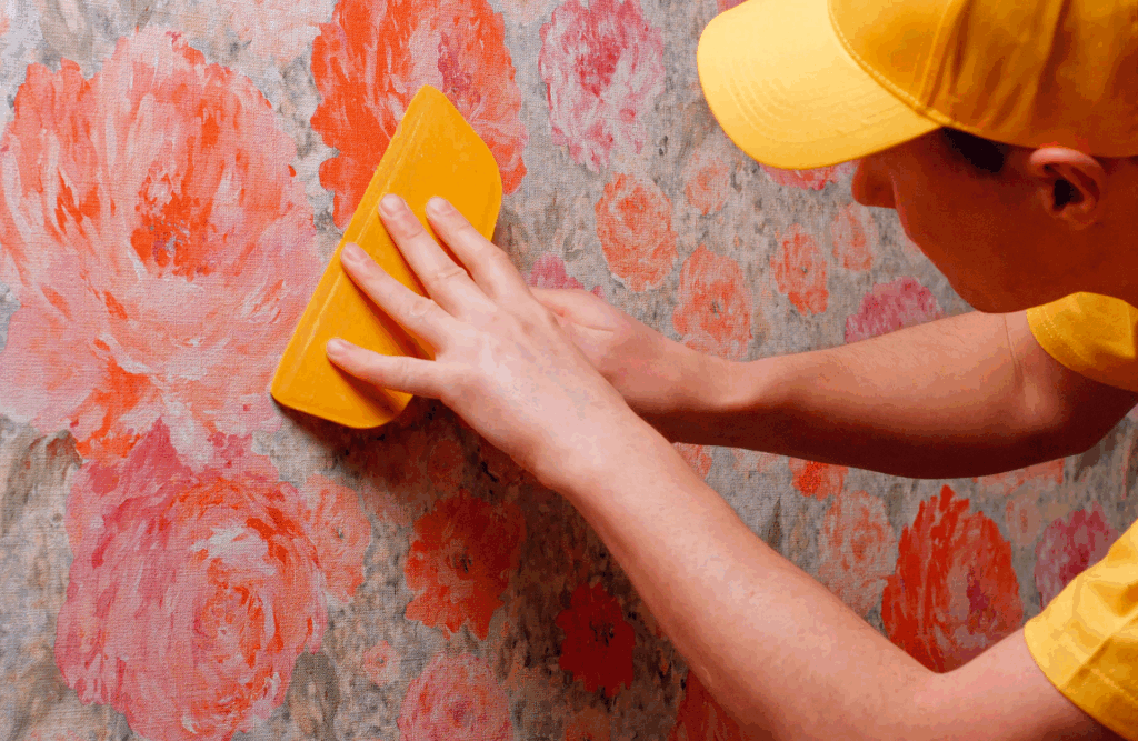 Pinturas Flores, instaladores de papel tintado experienciados en Alcalà de Xivert. Trabajador quitando posibles burbujas del interior del papel tintado.