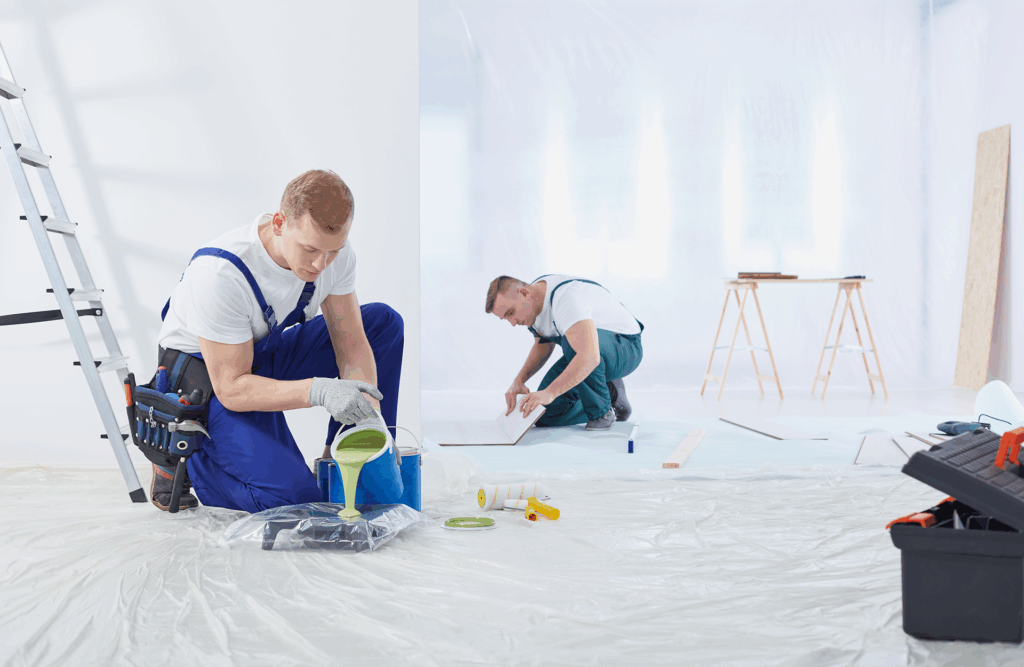 Pinturas Flores, servicios de pintura profesionales en Alcalà de Xivert. Un par de pintores preparándose para pintar.