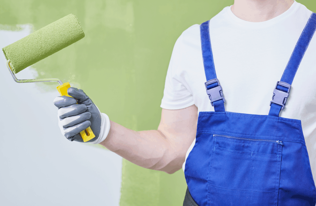Pinturas Flores, servicios de pintura profesionales en Sant Jordi. Un pintor tomándose un descanso de pintar una pared verde.