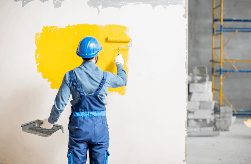 Pinturas Flores, servicios de pintura profesionales en Traiguera. Pintor de azul pintando una pared de amarillo intenso.
